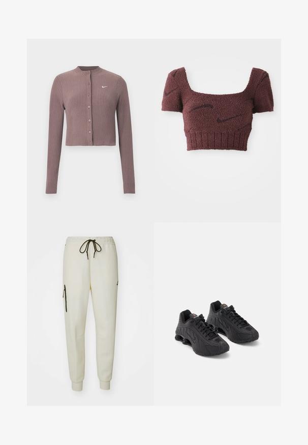 Ribbet, langærmet croptop i afdæmpet mauve med rund halsudskæring og knapper foran. Har et diskret hvidt Nike-logo på brystet.; Lilla cropped top med et struktureret stof, firkantet halsudskæring, korte ærmer og ribbet kant, med subtile mørke mønstre gennemgående.; Cremefarvede joggerbukser med elastisk talje, justerbar snor, sidelommer og en lynlåslomme på venstre lår.; Sorte atletiske sko med en glat syntetisk overdel, teksturerede detaljer, snørebåndsdesign og synlig fjederaffjedring ved hælen.