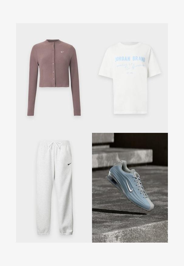Ribbet, langærmet croptop i afdæmpet mauve med rund halsudskæring og knapper foran. Har et diskret hvidt Nike-logo på brystet.; Hvid T-shirt med korte ærmer og lys blå tekst "JORDAN BRAND Inspireret af de største EST. 1984" på forsiden.; Grå sweatpants lavet af et blødt stof, med en elastisk talje og snøre samt et lille sort Nike-logo på venstre lår.; Lyseblå og grå Nike sportssko med synlig luftsålpolstring, svævende over en betonoverflade med trin i baggrunden.