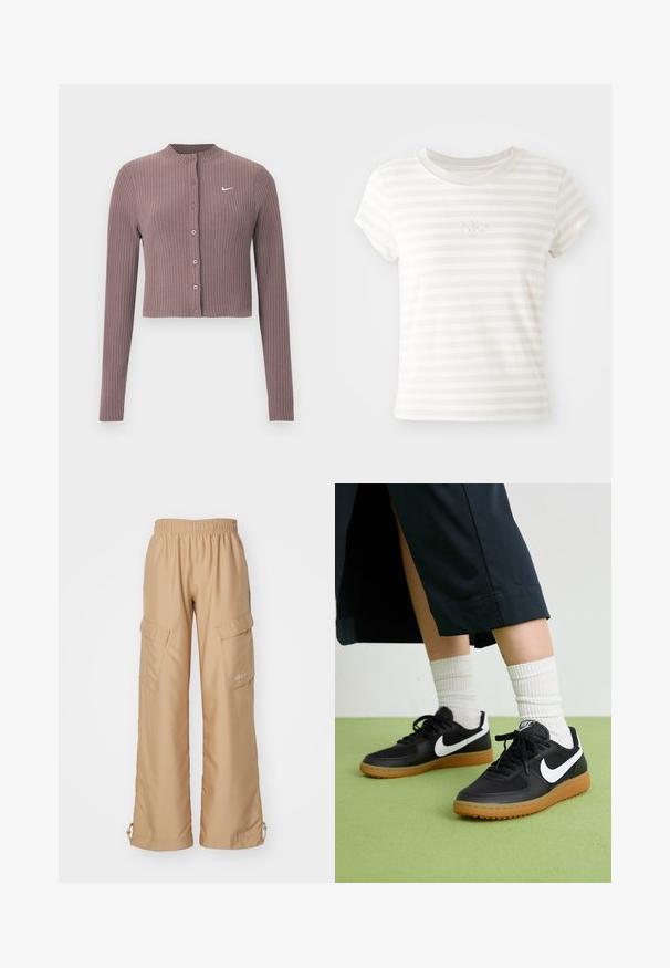 Rebrovaný crop top s dlhými rukávmi v tlmenej fialovej farbe, s okrúhlym výstrihom a prednými gombíkmi. Na hrudi má nenápadné biele logo Nike.; Biele prúžkové tričko s krátkym rukávom vyrobené z mäkkej bavlny. Má okrúhly výstrih a malé vyšívané logo Nike na hrudi.; Nike Sportswear TREND - Kapsáče - hemp; Čierne kožené a syntetické tenisky so bielym logom Nike, gumenou podrážkou, okrúhlou špičkou a čiernymi šnúrkami. Viditeľné biele pruhované ponožky.