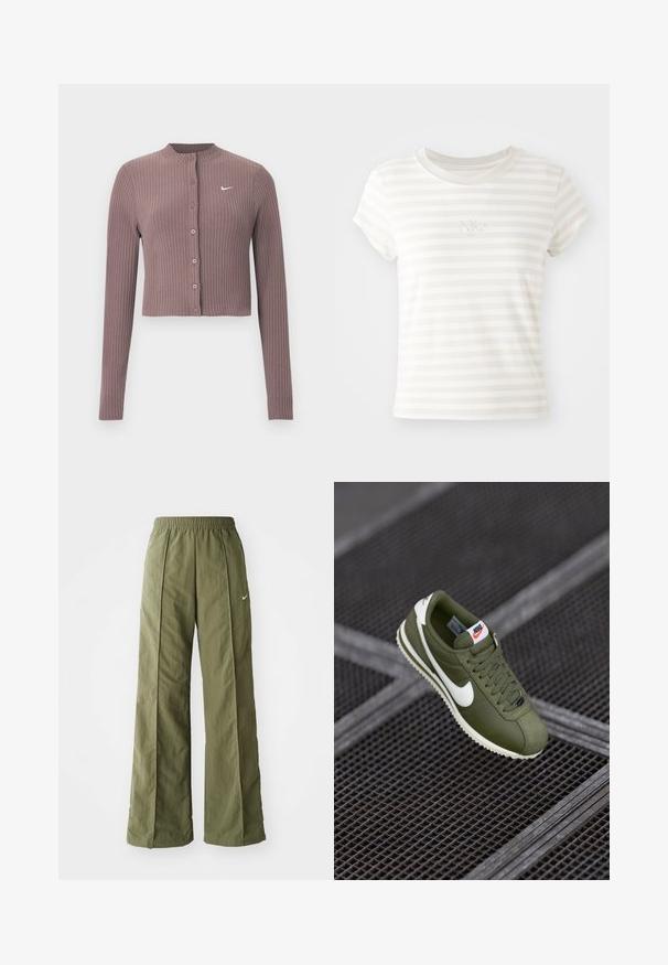 Ribbineulukkoinen, pitkähiha crop-top, hillityssä mauven sävyssä, pyöreällä pääntiellä ja etunapeilla. Rintakehässä hillitty valkoinen Nike-logo.; Valkoisiruudullinen lyhythihainen t-paita, joka on valmistettu pehmeästä puuvillasta. Siinä on pyöreä kaula-aukko ja pieni brodeerattu Nike-logo rinnassa.; Vihreä oliivinvärinen leveälahkeinen housut, jotka on valmistettu kevyestä kankaasta. Housuissa on joustava vyötärö ja edessä pieni valkoinen logo.; Nike-kenkä oliivinvihreänä, valkoisella swoosh-logolla, vaikutelmaa luovalla pinnalla, nauhoilla ja kermaisen värisellä kumipohjalla. Esitelty ruudukkoalustalla.