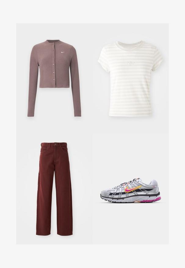 Ribitudega, pika varrukaga lühike top tuhmis mauves toonis, ümar kaelus ja ees nupud. Rinnal on diskreetne valge Nike logo.; Valge triibuline lühikese varrukaga t-särk, mis on valmistatud pehmest puuvillast. Omab ümarat kaelust ja väikest broderitud Nike logo rinnal.; Burgundi värvi laiad püksid, millel on siledast puuvillast materjalist valmistatud kangas, ees olev nappide sulgemine, vöökohad ja mitmed taskud.; Hall grey võrksuss, millel on silmapaistev roosa ja kollane logo, mustad detailid ja tekstuuriga kummitald. Omab tugevdatud varbakaitset ja pehmendatud krae.