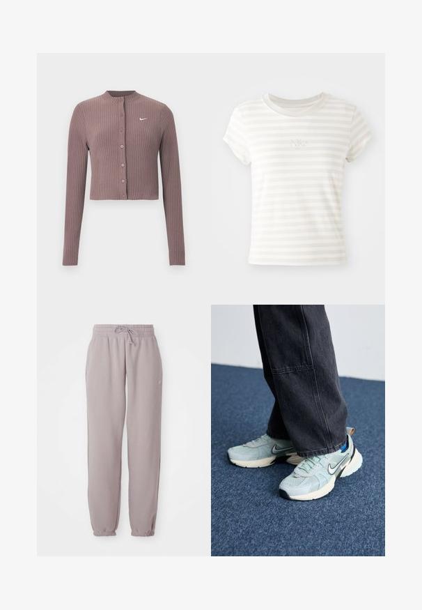 Ribbet, langærmet croptop i afdæmpet mauve med rund halsudskæring og knapper foran. Har et diskret hvidt Nike-logo på brystet.; Hvidstribet kortærmet t-shirt lavet af blød bomuld. Har en rund halsudskæring og et lille broderet Nike-logo på brystet.; Lys mauve fleece sweatpants med elastisk talje, snor, sidelommer og elastiske manchetter, vist fladt mod en hvid baggrund.; Lyseblå mesh Nike sneakers med struktureret finish, sort swoosh og cremefarvet mellemsål, parret med mørkegrå vide bukser.