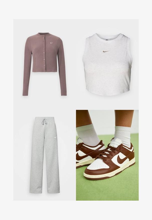 Top corto de manga larga acanalado en tono malva apagado con escote redondo y botones delanteros. Cuenta con un discreto logo blanco de Nike en el pecho.; Top corto blanco hecho de una tela suave y texturizada. Presenta un cuello redondo y un diseño sin mangas, con un pequeño logotipo dorado de Nike en la parte delantera.; Pantalones de chándal grises con cintura elástica, detalle de cordón y un pequeño logo blanco de Nike en el muslo izquierdo. Tejido suave, de corte holgado.; Zapatillas de cuero marrón y blanco con puntera perforada, acentos texturizados y cordones planos. El modelo presenta un diseño de tobillo bajo y suela de goma.