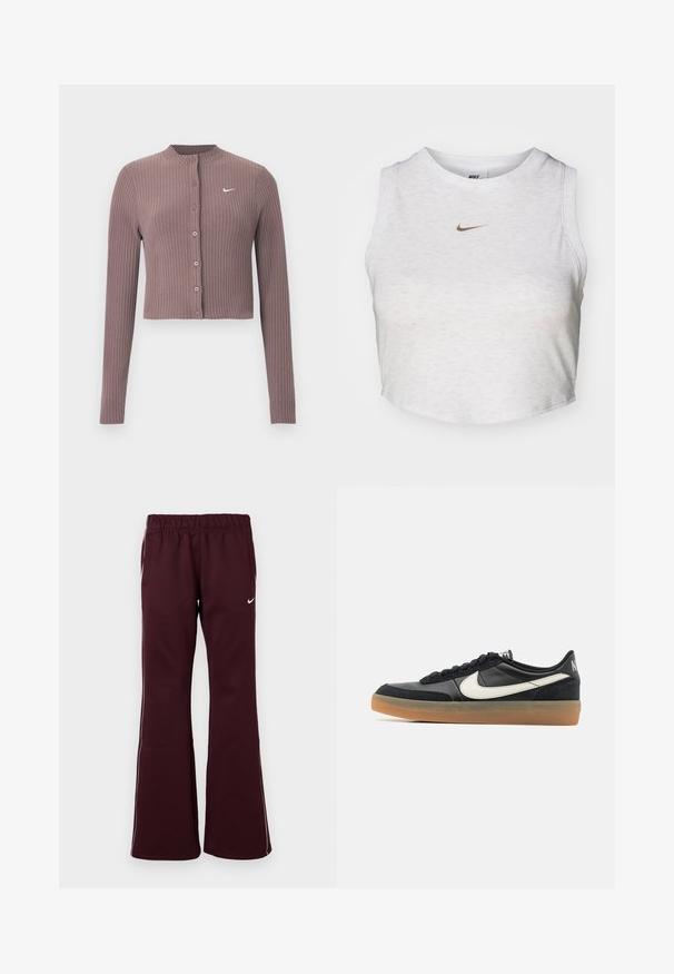 Geribbelde crop top met lange mouwen in gedempt mauve met een ronde halslijn en knopen aan de voorkant. Voorzien van een discreet wit Nike-logo op de borst.; Witte crop top van zacht, textuurachtig stof. Heeft een ronde hals en een mouwloos ontwerp met een klein gouden Nike-logo aan de voorkant.; Bordeaux athletische broek met een uitlopende ontwerp, elastische tailleband en zijzakken. Heeft witte bies en een klein logo aan de voorkant.; Zwarte sportieve schoen met een bovenwerk van textuurleer, witte swoosh-logo en een gumrubberen zool. Vetersluiting met voering bij de kraag voor extra comfort.