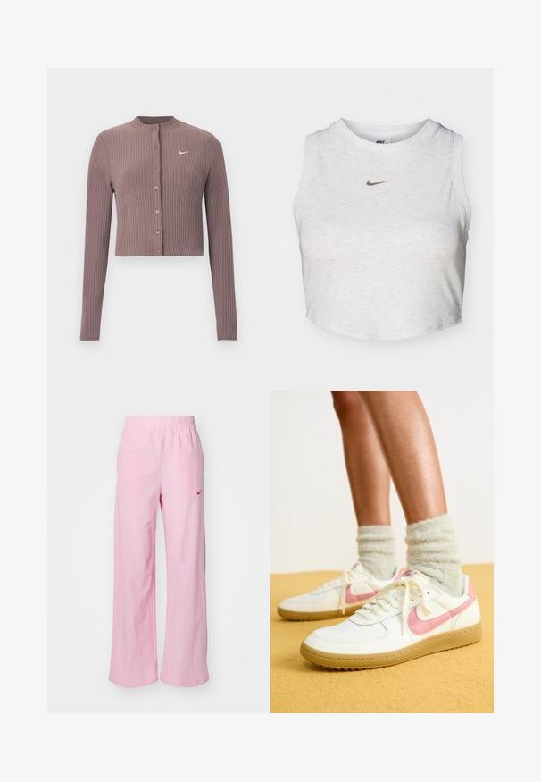 Geripptes Crop-Top mit langen Ärmeln in gedämpftem Mauve, mit rundem Ausschnitt und Knöpfen vorne. Verfügt über ein dezentes weißes Nike-Logo auf der Brust.; Weißes Crop-Top aus weichem, strukturiertem Stoff. Verfügt über einen runden Ausschnitt und einen ärmellosen Schnitt mit einem kleinen goldenen Nike-Logo auf der Vorderseite.; Rosa Hosen mit elastischem Bund und lässiger Passform. Sie verfügen über ein rotes Logo auf der linken Seite und eine glatte, leichte Textur.; Nike Sportswear FIELD GENERAL 82 - Sneaker low - sail/rust pink/light brown
