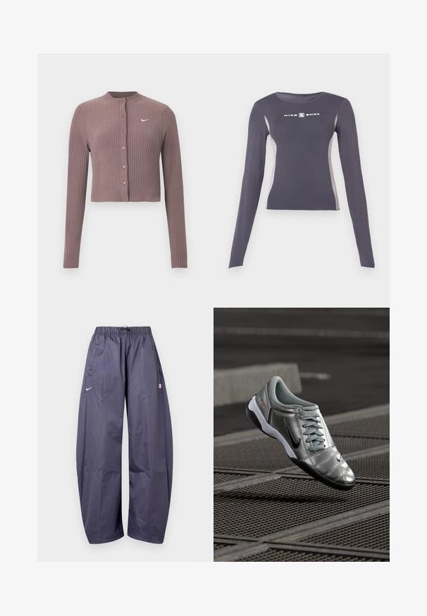 Ribbet, langærmet croptop i afdæmpet mauve med rund halsudskæring og knapper foran. Har et diskret hvidt Nike-logo på brystet.; Mørkegrå langærmet tætsiddende atletiktrøje med lysegrå sidepaneler og hvidt "Nike Shox" logo på brystet.; Løse mørkegrå Nike træningsbukser med elastisk taljebånd, sidelommer og et lille pink logo på højre lår.; Sølv Nike sko med en glat finish, der har et snørebåndsdesign og en sort ydersål. Tekstureret overdel med subtile accenter og logo.