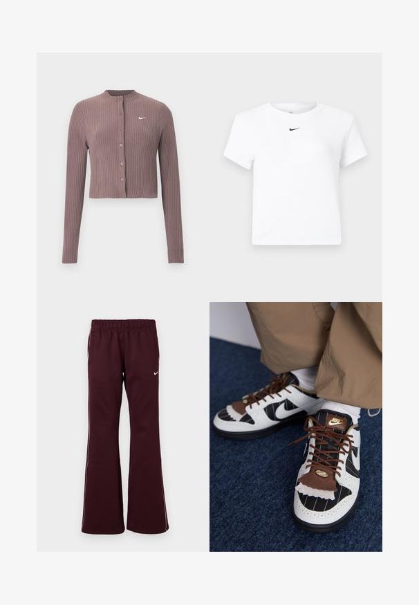 Ribbet, langærmet croptop i afdæmpet mauve med rund halsudskæring og knapper foran. Har et diskret hvidt Nike-logo på brystet.; Hvid Nike cropped T-shirt med korte ærmer og en lille sort Nike swoosh-logo centreret under nakkekanten.; Bordeauxfarvede træningsbukser med flagrende design, elastisk talje og sidelommer. Har hvide kantbånd og et lille logo på forsiden.; Nike sneakers med hvide, sorte og brune materialer. Har en tekstureret brun klaff, stribet design og traditionel snøring med guld accenter.