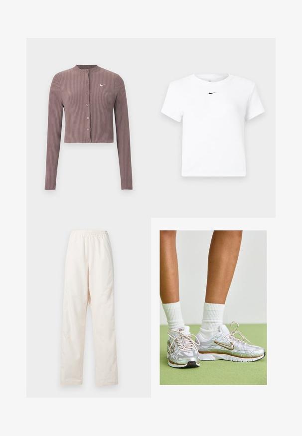 Ribbet, langærmet croptop i afdæmpet mauve med rund halsudskæring og knapper foran. Har et diskret hvidt Nike-logo på brystet.; Hvid Nike cropped T-shirt med korte ærmer og en lille sort Nike swoosh-logo centreret under nakkekanten.; Løse, cremefarvede bukser med elastisk talje og lige ben, vist mod en ensfarvet hvid baggrund.; Sølv atletik sko med hvide og gyldne accenter, der har en mesh-overdel, gummisål og en reflekterende finish. Strømper synlige over anklen.