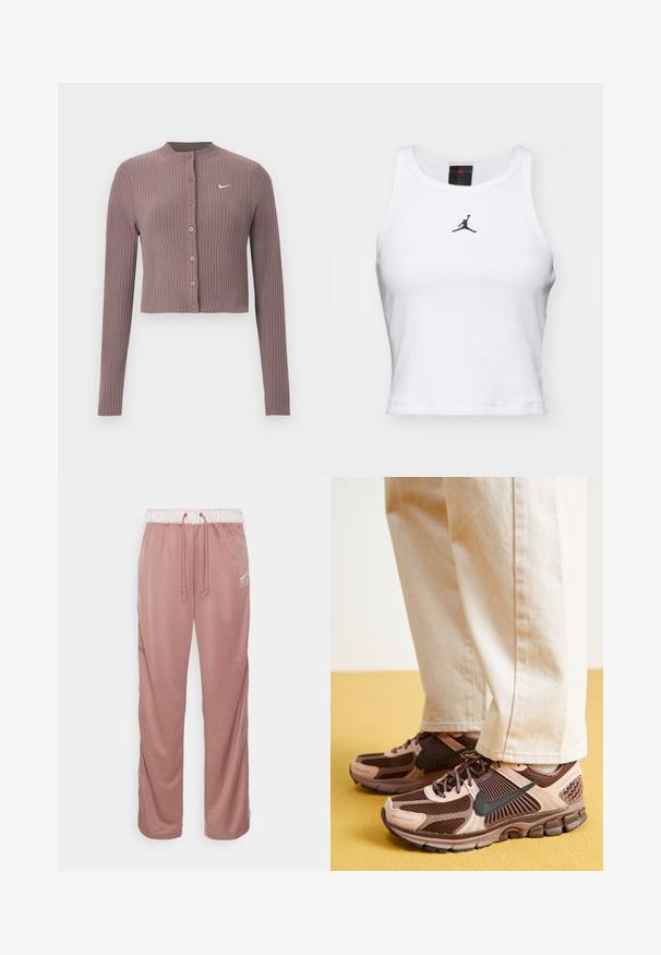 Ribbet, langærmet croptop i afdæmpet mauve med rund halsudskæring og knapper foran. Har et diskret hvidt Nike-logo på brystet.; Hvid cropped tanktop lavet af bomuld med ribbet tekstur. Har et sort Jordan-logo i midten og en klassisk rund halsudskæring.; Lyserøde sweatpants lavet af blød stof, med en elastisk talje med snore, og et lille hvidt logo på venstre side.; Nike sneakers har en blanding af brunt og lyserødt mesh og gummi, med sorte detaljer og en tekstureret sål, parret med beige bukser.