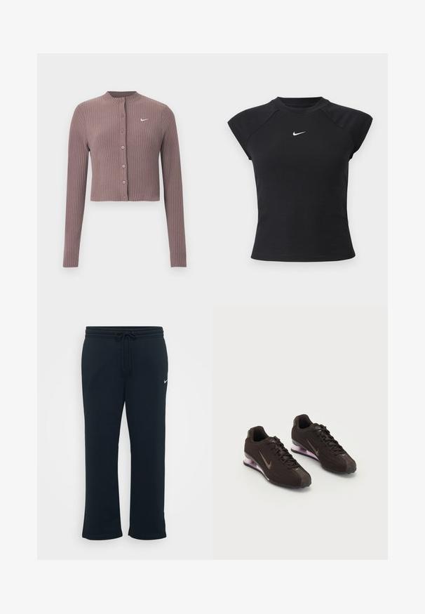 Haut court à manches longues côtelé de couleur mauve douce, avec un col rond et des boutons à l'avant. Présente un logo Nike blanc discret sur la poitrine.; Haut noir à manches courtes avec une texture côtelée, présentant un col rond et un petit logo Nike blanc sur la poitrine.; Un pantalon de survêtement noir avec une taille élastique et un cordon de serrage ajustable. Il présente un petit logo Nike blanc sur le côté gauche. Texture de tissu douce.; Baskets de sport noires avec une tige texturée, des accents marron et une semelle à coussin d'air violette. Design à lacets avec une marque bien visible.