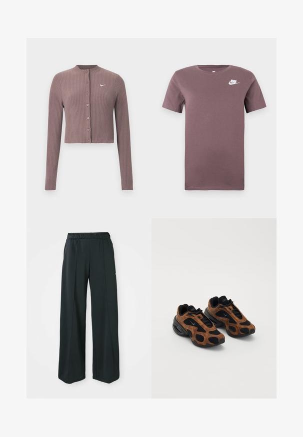 Ribbineulukkoinen, pitkähiha crop-top, hillityssä mauven sävyssä, pyöreällä pääntiellä ja etunapeilla. Rintakehässä hillitty valkoinen Nike-logo.; Violetti Nike lyhythihainen pyöreäkaula-paita, jossa on valkoinen Nike-logo vasemmassa rinnassa, tasaisella taustalla.; Mustat, leveälahkeiset urheiluhousut, joissa on joustava vyötärö. Valmistettu sileästä, joustavasta kankaasta, jossa on huomaamattomat etusaumat ja ei taskuja.; Ruskeahiekkaiset mokka- ja mustaverkkoiset tennarit, joissa on pyöristetty muoto, erottuvat leikkaukset ja paksu musta pohja.