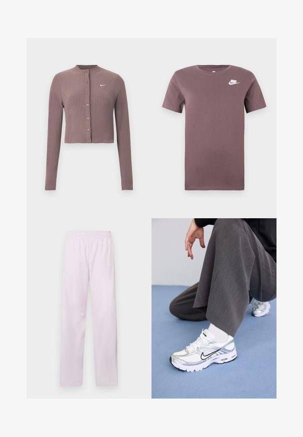Geribbelde crop top met lange mouwen in gedempt mauve met een ronde halslijn en knopen aan de voorkant. Voorzien van een discreet wit Nike-logo op de borst.; Paarse Nike t-shirt met korte mouwen en ronde hals, met een wit Nike-logo op de linkerkant van de borst, tegen een effen achtergrond.; Lichtroze Nike sportbroek met elastische tailleband, rechte pijpen en subtiele witte Nike swoosh-logo op de linker bovenbeen.; Witte en zilveren sport schoenen van mesh en synthetische materialen, met zwarte accentlijnen, veters en gestructureerde zolen.