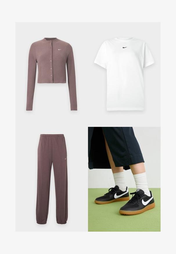 Ribitudega, pika varrukaga lühike top tuhmis mauves toonis, ümar kaelus ja ees nupud. Rinnal on diskreetne valge Nike logo.; Valge lühikeste varrukatega T-särk ümmarguse kaelusega, millel on väikene must Nike'i logoga silt kaeluse all.; Pruunid elastse vöökoha ja külgõmblustega dressipüksid, elastsete mansettidega ja väikese valge Nike logo'ga vasakul reiel.; Mustad nahast ja sünteetilised sneekerid valge Nike logoga, kummist gumme, ümar nina ja mustad paelad. Näha ribakujulisi valgeid sokke.