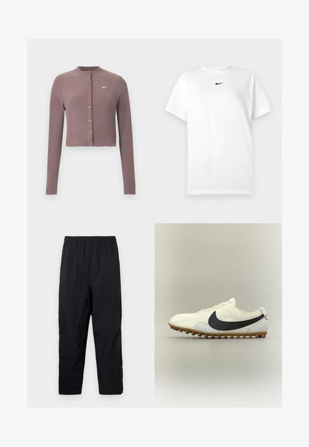 Ribbed, long-sleeve crop top in muted mauve with a round neckline and front buttons. Features a discreet white Nike logo on the chest.; White short-sleeve crew neck T-shirt with small black Nike swoosh logo centered below the neckline.; Black elastic waist casual pants with straight legs and snap buttons at the ankle on plain white background.; White low-top athletic shoe with black Nike swoosh, gum sole, and white laces, displayed on neutral background in side view.