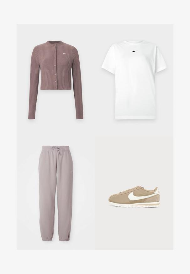 Ribbet, langærmet croptop i afdæmpet mauve med rund halsudskæring og knapper foran. Har et diskret hvidt Nike-logo på brystet.; Hvid kortærmet T-shirt med rund hals, prydet med et lille sort Nike swoosh-logo centreret under halsudskæringen.; Lys mauve fleece sweatpants med elastisk talje, snor, sidelommer og elastiske manchetter, vist fladt mod en hvid baggrund.; Beige Nike Cortez sneaker med hvid Swoosh-logo, hvid ydersål og ruskindsdetaljer, vist mod en enkel lys baggrund.