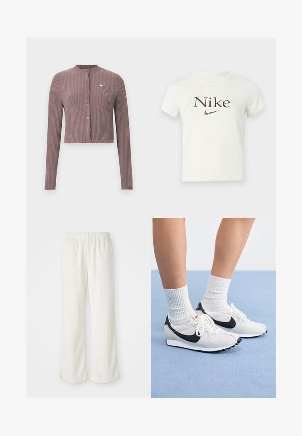 Rebrovaný crop top s dlhými rukávmi v tlmenej fialovej farbe, s okrúhlym výstrihom a prednými gombíkmi. Na hrudi má nenápadné biele logo Nike.; Biele krátke tričko s krátkym rukávom s hnedým nápisom "Nike" a logom swoosh Nike s leopardím vzorom na hrudi.; Krémyové nohavice s širokým strihom, vyrobené z ľahkého materiálu, s vertikálnymi pruhmi a elastickým pásom.; Biele sieťované tenisky s čiernymi akcentmi, okrúhlou špičkou a plochou gumovou podrážkou. V kombinácii s rebrovými bielymi ponožkami.