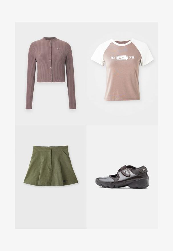 Ribbet, langærmet croptop i afdæmpet mauve med rund halsudskæring og knapper foran. Har et diskret hvidt Nike-logo på brystet.; Kortærmet t-shirt med en lys brun krop og hvide raglanærmer, med et stort hvidt grafisk logo og årstallet "1972" centreret foran.; Nike Sportswear X NAOMI OSAKA SKIRT - Mini skirts - medium olive/blackened blue; Mørkebrune sportssko med en blank finish, velcrolukning, rundet tå og en tekstureret sål med polstrede designelementer.