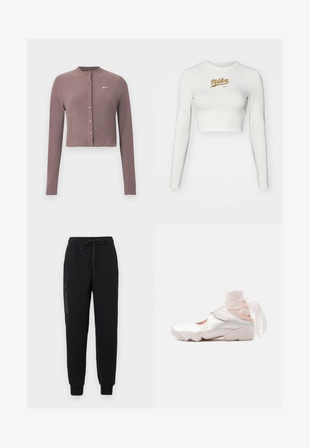 Ribbet, langærmet croptop i afdæmpet mauve med rund halsudskæring og knapper foran. Har et diskret hvidt Nike-logo på brystet.; Hvid langærmet crop top lavet af glat stof, med et guld Nike-logo tryk på brystet og en klassisk rund halsudskæring.; Sorte sweatpants med snoretræk i taljen, lynlåslomme i siden og tætsiddende nederste kant. Fremstillet af blødt, struktureret stof.; Hvid og lyserød sneaker med blødt stofankelomslag bundet i en sløjfe, med justerbar rem og rundet sål.