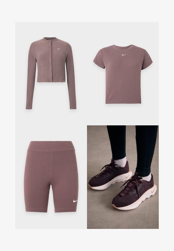 Geribbelde crop top met lange mouwen in gedempt mauve met een ronde halslijn en knopen aan de voorkant. Voorzien van een discreet wit Nike-logo op de borst.; Mauve ribbel kortemouwen crop top met ronde hals en klein wit Nike-logo gecentreerd onder de halslijn.; Fietsbroekjes in een gedempte mauve kleur, gemaakt van rekbare stof. Heeft een hoge tailleband en een klein wit Nike Swoosh-logo.; Bordeauxrode sportschoenen met een gewoven bovenwerk, witte zool en zwart Nike-logo. Voorzien van ronde veters en patroonvormige veterlussen.