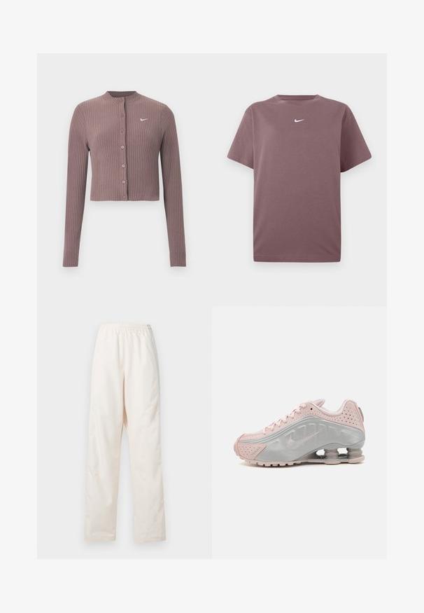 Ribitudega, pika varrukaga lühike top tuhmis mauves toonis, ümar kaelus ja ees nupud. Rinnal on diskreetne valge Nike logo.; Lilla lühikeste varrukatega T-särk, millel on valge Nike swoosh rinnal, esitatud valgel taustal.; Löödilt istuvad, elastse vöökohaga kreemivärvi püksid sirge sääre lõikega, esitletud tavalise valge tausta ees.; Nike spordijalatsid hõbedase ja roosa kujundusega; sünteetiline pealis, auguline tekstuur, nähtav pehmendusüsteem ja ümar varvaste kuju.