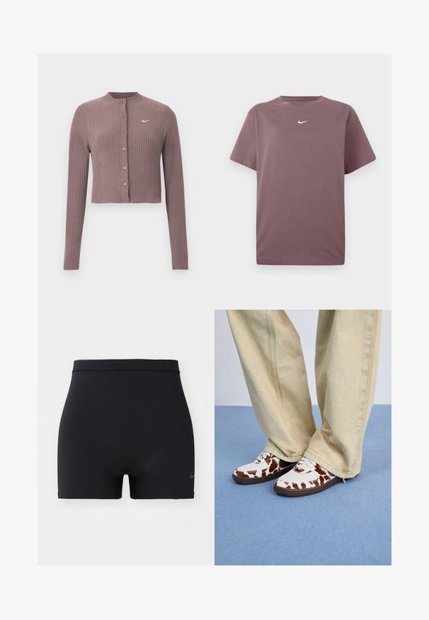 Ribitudega, pika varrukaga lühike top tuhmis mauves toonis, ümar kaelus ja ees nupud. Rinnal on diskreetne valge Nike logo.; Lilla lühikeste varrukatega T-särk, millel on valge Nike swoosh rinnal, esitatud valgel taustal.; Must mustad mustreid, elastne mustad spordilühikesed, millel on keskmise kõrgusega vöökoht ja väike Nike logo vasakul küljel.; Valge ja pruun mustriga tossud, millel on võrk ja nahk, pruuni kummitaldaga. Kombineeritud heledate beežide laia säärega pükstega.