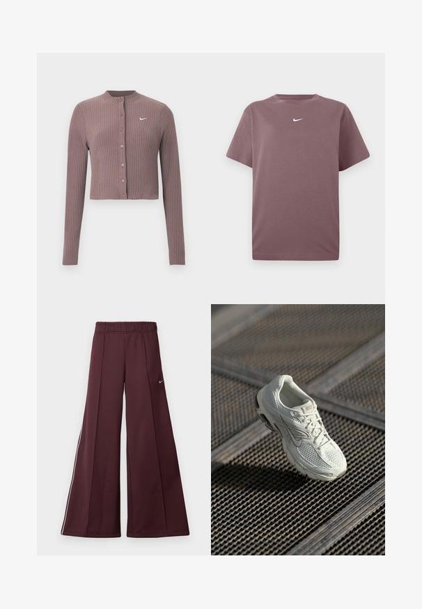 Geribbelde crop top met lange mouwen in gedempt mauve met een ronde halslijn en knopen aan de voorkant. Voorzien van een discreet wit Nike-logo op de borst.; Effen mauve korte mouwen crewneck t-shirt met een klein wit Nike swoosh op de borst, weergegeven op een witte achtergrond.; Bordeaux wijde broek van een gladde stof met een elastische tailleband en witte zijstrepen. Bevat een klein Nike-logo op de linker dij.; Witte Nike hardloopschoen met bovenwerk van mesh en synthetisch materiaal, rustend op een metalen roostervloer in zacht natuurlijk licht.