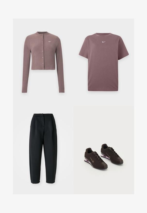 Rebrovaný crop top s dlhými rukávmi v tlmenej fialovej farbe, s okrúhlym výstrihom a prednými gombíkmi. Na hrudi má nenápadné biele logo Nike.; Jednoduché fialové tričko s krátkym rukávom a okrúhlym výstrihom s malým bielym Nike swooshom umiestneným v strede hrude, zobrazené na bielom pozadí.; Čierne nohavice vyrobené z hladkej látky, s prispôsobeným pásom, plisovaným predným dielom a zúženými nohavicami so sťahovanými spodnými okrajmi.; Čierne športové topánky s textúrovaným zvrškom, hnedými akcentmi a fialovou vzduchovo tlmenou podrážkou. Šnurovací dizajn s výrazným brandingom.