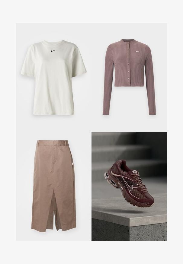 Ribitudega, pika varrukaga lühike top tuhmis mauves toonis, ümar kaelus ja ees nupud. Rinnal on diskreetne valge Nike logo.; Valge puuvillane T-särk, millel on ümmargune dekoltee ja lühikesed varrukad. Rinnal on väike must Nike logo. Lihtne ja kaunistusteta disain.; Pruun puuvillane seelik otsejoonisega, millel on ees lõhik, küljetaskud ja tavaline vöökoht. Sile tekstuur ja kohandatud õmblused.; Pruunikas-punane Nike jooksujalanõu võrgukangaga, polsterdatud krae, paks tald ja valged aktsendid. Disainis on ümar nina ja silmatorkavad paelad.