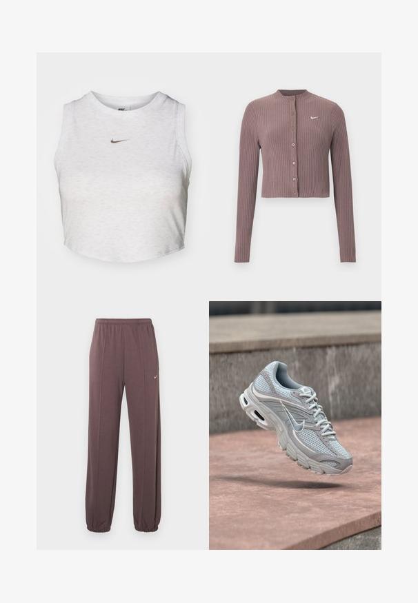 Top corto de manga larga acanalado en tono malva apagado con escote redondo y botones delanteros. Cuenta con un discreto logo blanco de Nike en el pecho.; Top corto blanco hecho de una tela suave y texturizada. Presenta un cuello redondo y un diseño sin mangas, con un pequeño logotipo dorado de Nike en la parte delantera.; Pantalones de chándal marrones con cintura elástica, costuras laterales, puños elásticos y un pequeño logo blanco de Nike en el muslo superior izquierdo.; Zapatilla de correr Nike en gris claro y blanco con malla y suela acolchada, mostrada en el aire contra un fondo de escalones de concreto.
