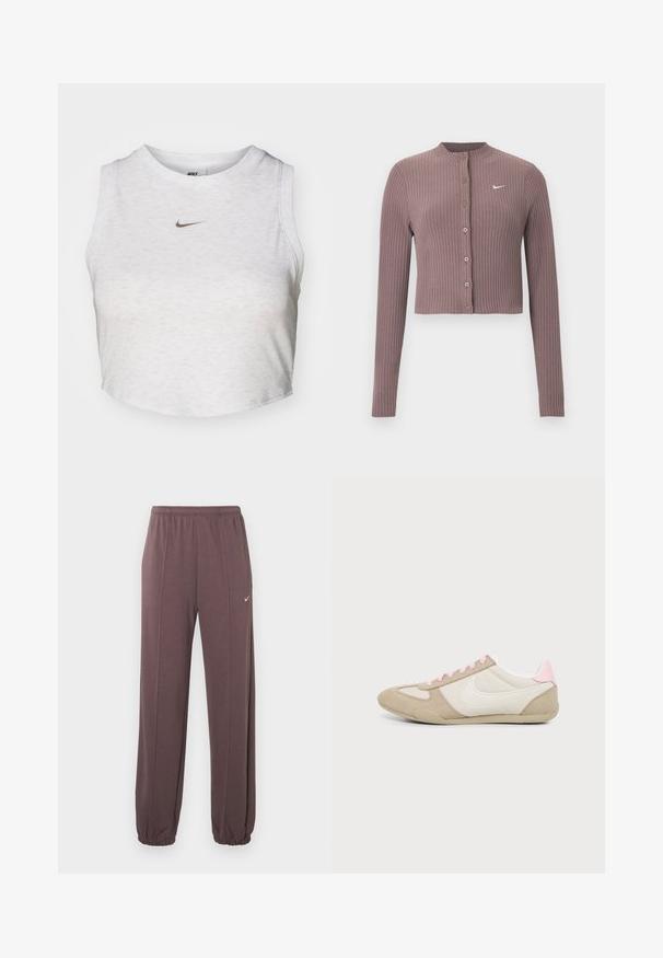 Top corto de manga larga acanalado en tono malva apagado con escote redondo y botones delanteros. Cuenta con un discreto logo blanco de Nike en el pecho.; Top corto blanco hecho de una tela suave y texturizada. Presenta un cuello redondo y un diseño sin mangas, con un pequeño logotipo dorado de Nike en la parte delantera.; Pantalones de chándal marrones con cintura elástica, costuras laterales, puños elásticos y un pequeño logo blanco de Nike en el muslo superior izquierdo.; Zapatilla de perfil bajo en beige y blanco con detalles y cordones rosas, con un gran logo blanco de swoosh en el lateral.
