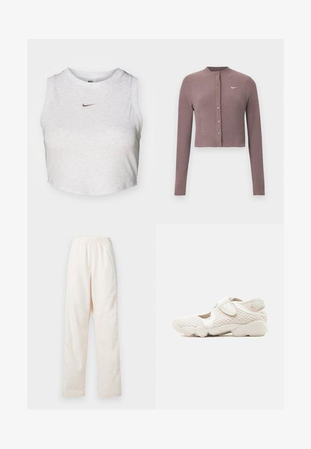 Geripptes Crop-Top mit langen Ärmeln in gedämpftem Mauve, mit rundem Ausschnitt und Knöpfen vorne. Verfügt über ein dezentes weißes Nike-Logo auf der Brust.; Weißes Crop-Top aus weichem, strukturiertem Stoff. Verfügt über einen runden Ausschnitt und einen ärmellosen Schnitt mit einem kleinen goldenen Nike-Logo auf der Vorderseite.; Locker sitzende, crèmefarbene Hose mit elastischem Bund und geradem Beinschnitt, vor einem einfarbigen weißen Hintergrund präsentiert.; Hellbeiger Nike-Sneaker mit Mesh-Obermaterial, Klettverschlüssen, gepolsterter Sohle und ausgeschnittenen Seiten, entwickelt für Komfort und Atmungsaktivität.
