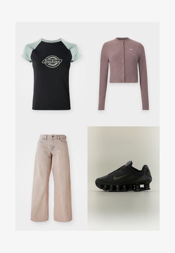 Geribbelde crop top met lange mouwen in gedempt mauve met een ronde halslijn en knopen aan de voorkant. Voorzien van een discreet wit Nike-logo op de borst.; Zwarte t-shirt met lichtgroene raglanmouwen. Voorzien van een centraal circulair logo met de tekst "Dickies" in een touwontwerp. Zachte stofstructuur.; Beige wijde jeans met een hoge taille, vijf-pocket ontwerp en knoopsluiting. De stof heeft een zachte textuur en een lichte vervaging aan de voorkant.; Zwarte Nike-sneaker met een bovendeel met ritssluiting en een kenmerkende veerachtige, gesegmenteerde zool, weergegeven in zijaanzicht op een neutrale achtergrond.
