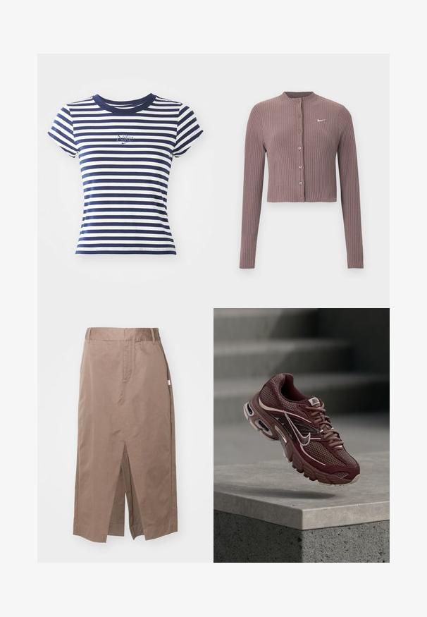 Rebrovaný crop top s dlhými rukávmi v tlmenej fialovej farbe, s okrúhlym výstrihom a prednými gombíkmi. Na hrudi má nenápadné biele logo Nike.; Námornícky a biely pruhovaný tričko, z bavlnenej zmesi, s krátkymi rukávmi, okrúhlym výstrihom, so malým vyšívaným logom Nike na prednej strane.; Hnedá bavlnená sukňa so rovný dizajnom, s predným rozparkom, bočnými vreckami a štandardným pásom. Hladká textúra a prispôsobené švy.; Nákupná obuv Nike v marónovej farbe s plátnovou sieťovinou, polstrovaným golierom, hrubou podrážkou a bielymi akcentmi. Dizajn obsahuje zaoblenú špičku a výrazné šnúrky.