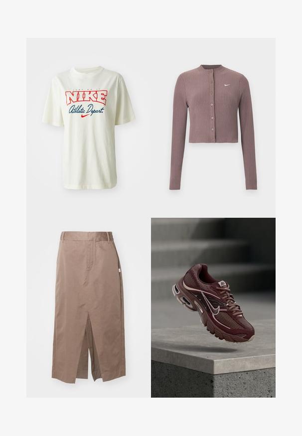 Rebrovaný crop top s dlhými rukávmi v tlmenej fialovej farbe, s okrúhlym výstrihom a prednými gombíkmi. Na hrudi má nenápadné biele logo Nike.; Biele bavlnené tričko s červeným a modrým logom "NIKE", s textom "Just Do It" nad ním a "Athletic Depart." pod ním, krátke rukávy, okrúhly výstrih.; Hnedá bavlnená sukňa so rovný dizajnom, s predným rozparkom, bočnými vreckami a štandardným pásom. Hladká textúra a prispôsobené švy.; Nákupná obuv Nike v marónovej farbe s plátnovou sieťovinou, polstrovaným golierom, hrubou podrážkou a bielymi akcentmi. Dizajn obsahuje zaoblenú špičku a výrazné šnúrky.