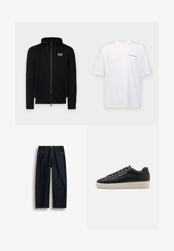 Haut à capuche zippé noir en tissu doux, comportant une capuche, deux poches latérales et un petit logo blanc sur la partie gauche de la poitrine.; T-shirt blanc à manches courtes en coton avec un col en V, présentant un logo noir "FILLING PIECES" imprimé sur le côté gauche.; Jean en denim bleu foncé à coupe droite avec couture jaune, poches avant et fermeture par bouton à la taille.; Sneaker en cuir noir avec une finition lisse, semelle crème contrastante, bout arrondi, logo doré sur le côté et six œillets pour les lacets.
