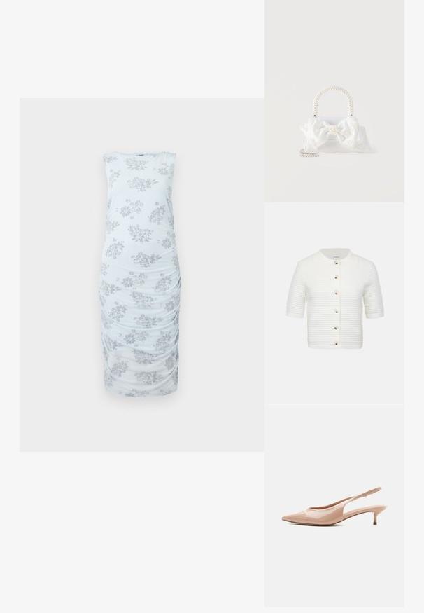 Hvid strikket cardigan med korte ærmer, vandret ribstruktur, spids krave og fem forreste knapper i skildpaddeskal.; Lyseblå ærmeløs kjole med et blomstermønster i grå. Har samlede detaljer langs siderne og en tætsiddende silhuet. Glat stofstruktur.; Beige patentlædersenden skobåndsandal med spids tå og lav kittenhæl, vist i profil mod en hvid baggrund.; Hvid håndtaske med hank dækket af perler, stor stofsløjfe dekoreret med små perler og en sølvkæde som rem på en hvid baggrund.