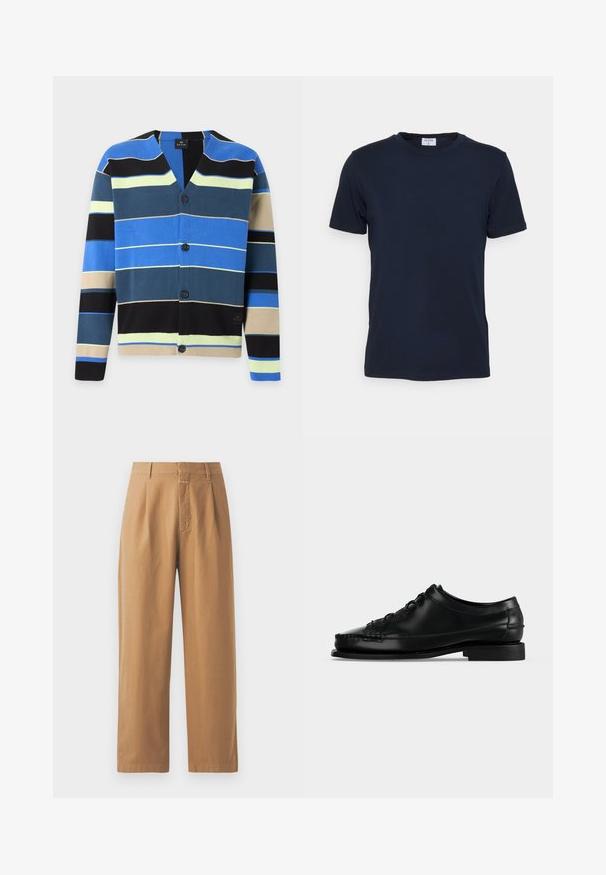 Cardigan med knapper med horisontale striber i blå, sort, beige, gul og mørkegrøn på hvid baggrund.; Marineblå crew-neck t-shirt lavet af blødt stof. Korte ærmer med en klassisk pasform, der har et mærke ved halsen. Glat tekstur, minimalistisk design.; Brune, brede bukser lavet af glat stof. Har høj talje med folder, bæltestropper og en enkelt frontlomme.; Sort lædersko med snørebånd til kjolebrug med lav hæl og moc tå-syning, vist i venstre profil på ensfarvet baggrund.