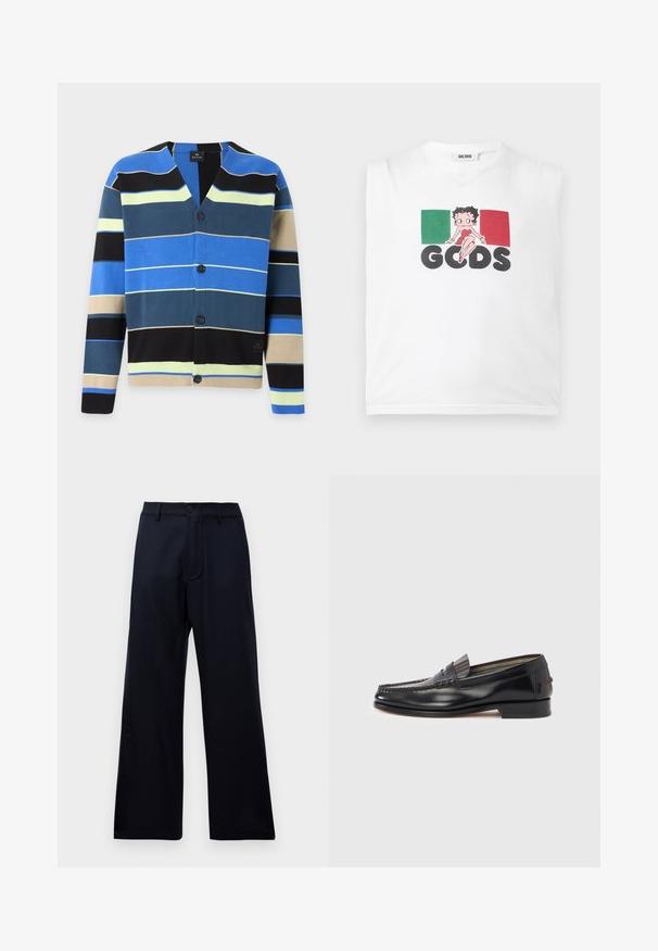 Cárdigan abotonado con rayas horizontales en azul, negro, beige, amarillo y azul oscuro sobre fondo blanco.; Camiseta sin mangas blanca con rectángulos verdes y rojos, personaje de dibujos animados sentado sobre el texto negro "GCDS" en el centro.; Pantalones anchos de cintura alta negros con pasadores de cinturón, botón frontal y cierre de cremallera sobre un fondo blanco liso.; Mocasines de cuero negro con diseño estilo mocasín, con una banda decorativa y detalles de costura en la parte superior. Tacón bajo y cuadrado.