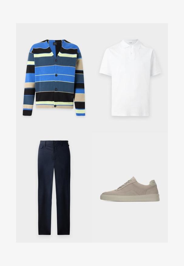 Cardigan med knapper med horisontale striber i blå, sort, beige, gul og mørkegrøn på hvid baggrund.; Hvid kortærmet poloshirt med krave og to-knaps åbning, vist på en ensartet lys grå baggrund.; Marineblå, lige ben bukser lavet af glat stof. Har en lynlås foran, knaplukning og en diskret sidelomme. Ingen synlige mønstre.; Beige ruskindssneakers med en tekstureret finish, rund tå og tonale snørebånd. Har en tyk gummisål og diskret branding på hælen.