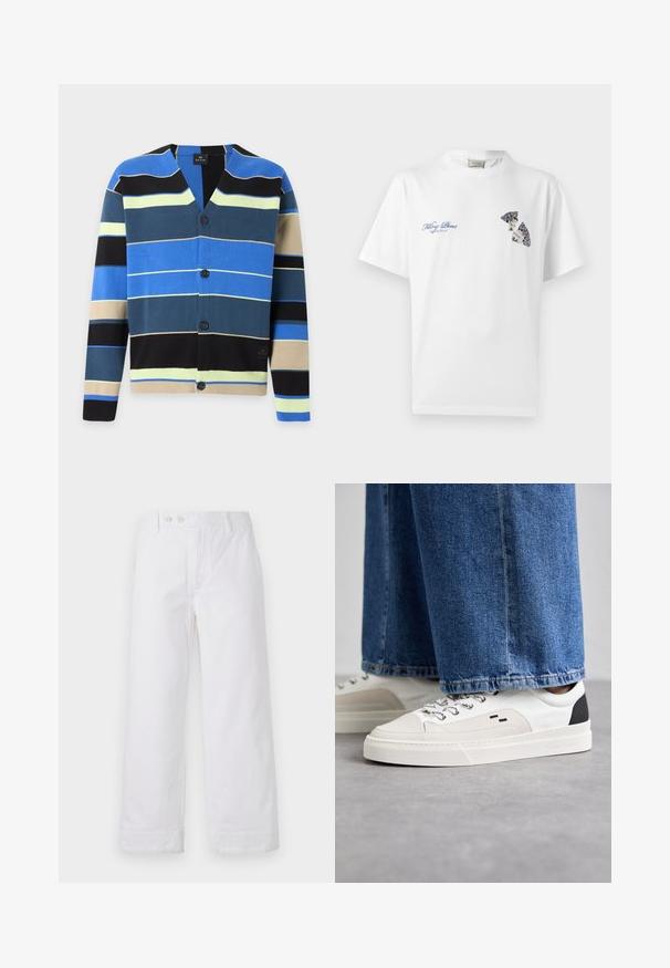 Knopf-Cardigan mit horizontalen Streifen in Blau, Schwarz, Beige, Gelb und Dunkelblau-Grün auf weißem Hintergrund.; Weißes T-Shirt mit Rundhalsausschnitt, blauem Text "Filling Pieces" und dekorativem Grafikdesign eines zerbrochenen Tellers auf der oberen Brust.; Weiße Baumwoll-Hosen mit weitem Bein und hohem Bund, mit einem Knopfverschluss und umgeschlagenen Säumen. Glatte Textur und klassisches Design.; Weiße und schwarze Sneaker mit einem Obermaterial aus glattem Leder, strukturierten Akzenten und einer massiven weißen Sohle. Verfügt über ein klassisches Schnürdesign.