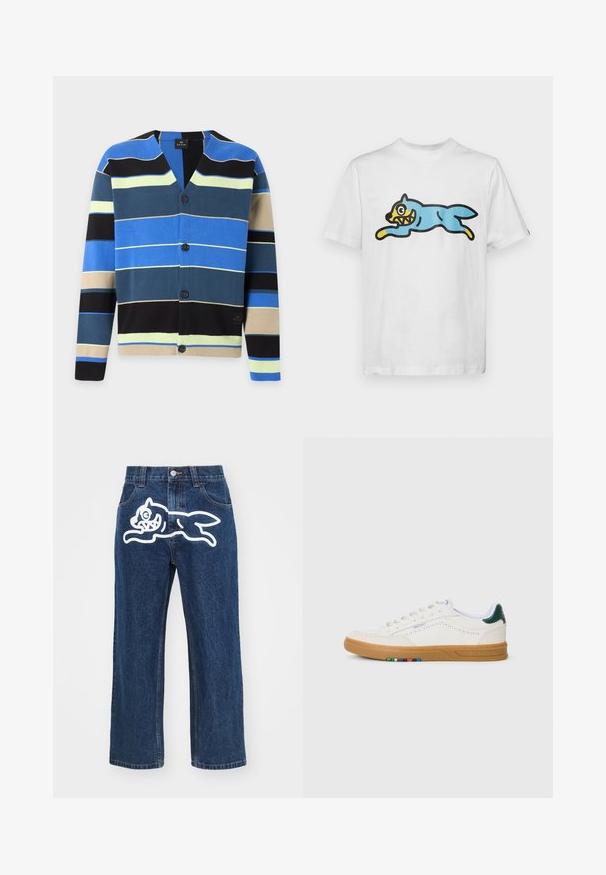 Vest met knopen met horizontale strepen in blauw, zwart, beige, geel en donkergroen op een witte achtergrond.; Witte katoenen t-shirt met een blauwe cartoonkat met een gele gezicht en scherpe tanden, gepositioneerd in een springende houding.; Donkerblauwe wijde jeans met een grote witte cartoonhond graphic op de achterzak. Denimtextuur, traditionele vijf-pocket ontwerp.; Witte leren sneaker met geperforeerd ontwerp, gumrubberen zool, groene hielaccent en kleurrijke streepdetails aan de zijkant.