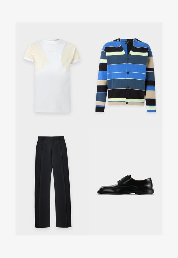 Cardigan boutonné avec des rayures horizontales en bleu, noir, beige, jaune et bleu sarcelle foncé sur fond blanc.; T-shirt blanc à manches courtes avec des panneaux en mesh beige sur les épaules et le haut de la poitrine, avec un logo texte discret à l'avant.; Pantalon noir ajusté à jambes droites avec plis devant, passants pour ceinture et fermeture par bouton à la taille.; Chaussure habillée en cuir noir brillant à lacets avec une semelle épaisse et détaillée, vue de profil droit sur un fond clair uni.