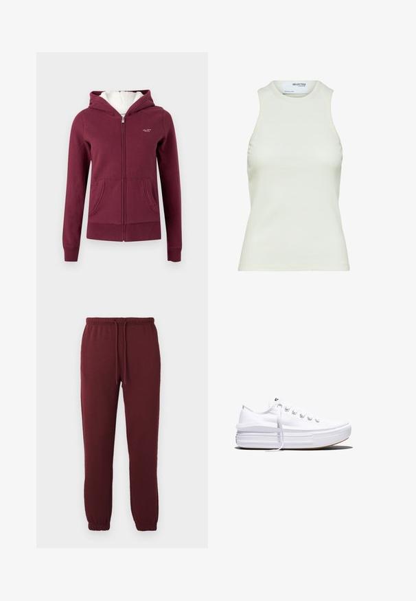 Bordeauxrood zip-up hoodie van zachte stof, met gevoerde capuchon, twee voorkanten zakken en een geborduurd logo op de borst.; Mouwloos wit geribd tanktop met ronde halslijn van Selected Femme, frontaanzicht zonder patronen of versieringen.; Bordeaux joggerbroeken met elastische tailleband, trekkoord, zijzakken en elastische boorden op een effen witte achtergrond.; Witte lage canvas sneaker met dikke plateauzool, veters aan de voorkant en rubberen toeskap met structuur, zijaanzicht.