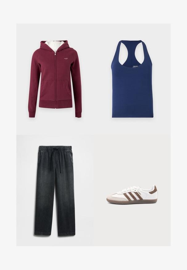 Bordeauxfarbener Kapuzenpullover mit Reißverschluss aus weichem Stoff, mit gefütterter Kapuze, zwei Fronttaschen und einem gestickten Logo auf der Brust.; Marineblaues ärmelloses Tanktop aus weicher Baumwolle. Verfügt über einen runden Halsausschnitt und weite Armausschnitte. Einfaches, figurbetontes Design ohne Muster.; Schwarze Jeanshose mit einem elastischen Bund und Kordelzug, weitem Bein und dezentem Used-Effekt. Mit zwei Seitentaschen.; Weißer Adidas Samba Sneaker mit braunen Wildlederstreifen, brauner Gummisohle und beiger Wildlederkappe, von der Außenseite auf schlichtem Hintergrund gezeigt.