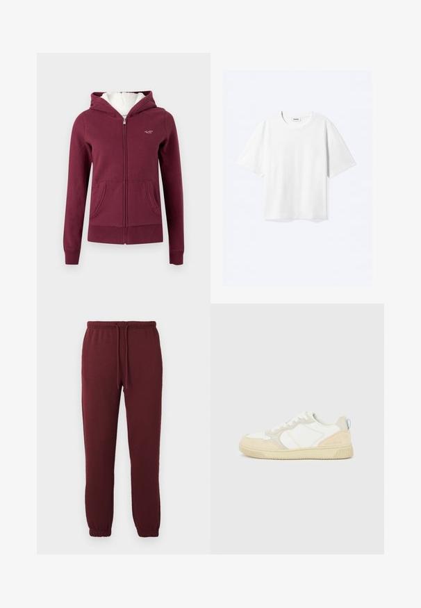 Sudadera con capucha y cremallera en color granate, hecha de tela suave, con capucha forrada, dos bolsillos delanteros y logo bordado en el pecho.; Camiseta blanca de manga corta con cuello redondo y dobladillo recto, con etiqueta de la marca "WEEKDAY" dentro del escote.; Pantalones de chándal burdeos con cintura elástica, cordón, bolsillos laterales y puños elásticos sobre un fondo blanco liso.; Zapatilla blanca y beige con parte superior de ante y textil, con costuras en contraste, suela de goma y un detalle en azul claro en el talón.
