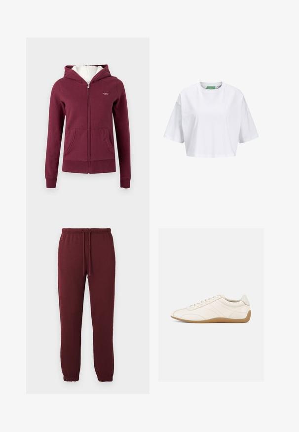 Sweat à capuche zippé couleur bordeaux en tissu doux, avec une capuche doublée, deux poches avant et un logo brodé sur la poitrine.; T-shirt blanc court en coton, avec des manches courtes et un col rond. Étiquette verte à l'intérieur avec le nom de la marque visible.; Pantalons de jogging bourgogne avec taille élastique, cordon de serrage, poches latérales et poignets élastiques sur un fond blanc uni.; Baskets en cuir blanc à texture lisse, bout arrondi et coutures ton sur ton. Elles comportent une semelle en caoutchouc beige et une fermeture à lacets.