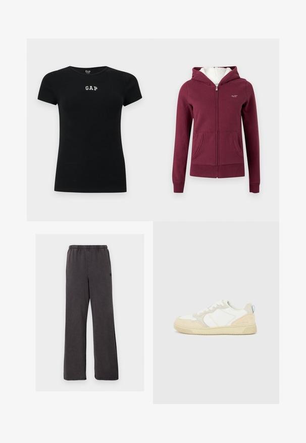 Sweat à capuche zippé couleur bordeaux en tissu doux, avec une capuche doublée, deux poches avant et un logo brodé sur la poitrine.; T-shirt noir ajusté à manches courtes avec le texte blanc "GAP" centré sur la poitrine et un col rond.; Pantalon de survêtement gris foncé à coupe ample avec taille élastique, jambes droites et poches latérales discrètes visibles sur fond blanc.; Baskets blanches et beiges avec dessus en suède et textile, présentant des coutures contrastées, une semelle en caoutchouc et un accent bleu clair sur le talon.