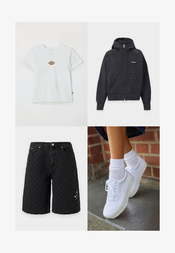 Sudadera con capucha negra con cremallera, bolsillos delanteros, pequeñas salpicaduras de pintura blanca y logo "Carhartt" en el pecho izquierdo.; Camiseta blanca de algodón con un logo redondo y acentos multicolores. Mangas cortas y un cuello redondo, con una pequeña etiqueta en el dobladillo.; Shorts negros hasta la rodilla con un patrón a cuadros texturizado, botón frontal, bolsillos y pequeños diseños de estrellas blancas y destellos en la pierna derecha.; Zapatillas de lona blancas con suelas de goma, que presentan seis ojales, puntera redonda y detalles de costura ligera, combinadas con calcetines blancos hasta el tobillo.