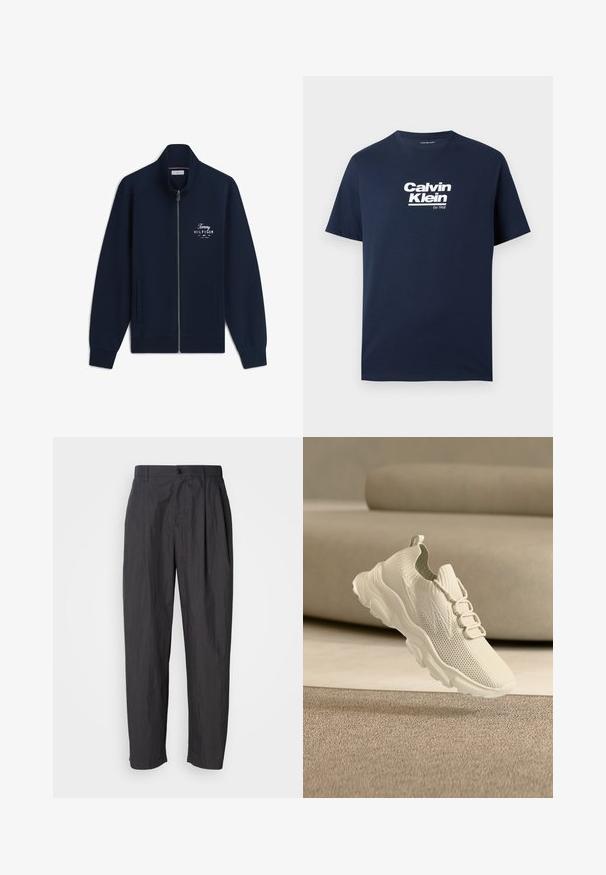 Marineblå lynlåsjakke med høj krave, forlommer og hvidt Tommy Hilfiger-logo på venstre bryst med teksten "EST. 1985 NEW YORK."; Marineblå T-shirt med korte ærmer og hvidt "Calvin Klein Est. 1968"-logo centreret på brystet, rund halsudskæring.; Mørkegrå lige bukser med bæltestropper, frontknaplukning og sidelommer på en lys ensfarvet baggrund.; Lyse beige strikkede sneakers med tyk sål og ankelkrave, vist i luften over et tekstureret beige tæppe.