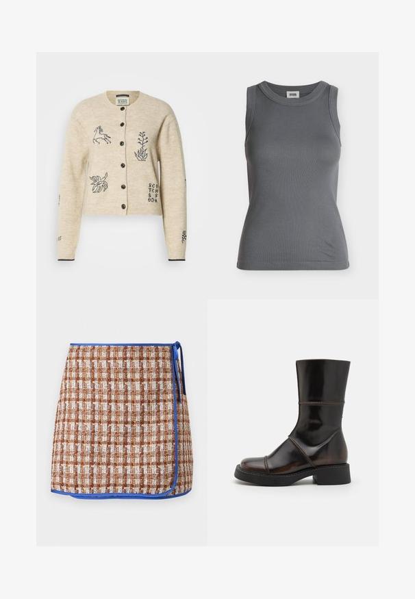 Gilet en tricot beige avec des boutons noirs, arborant des broderies d'animaux et de plantes. Coupe courte et décontractée avec des accents côtelés aux poignets et à l'ourlet.; Débardeur côtelé gris foncé sans manches avec un col rond et une étiquette de marque à l'intérieur du col.; Jupe en tissu tissé à motif à carreaux marron et blanc avec des bordures bleues. Présente un lien sur le côté et un tissu texturé pour un détail supplémentaire.; MIISTA DAHLIA - Bottes à plateau - brown